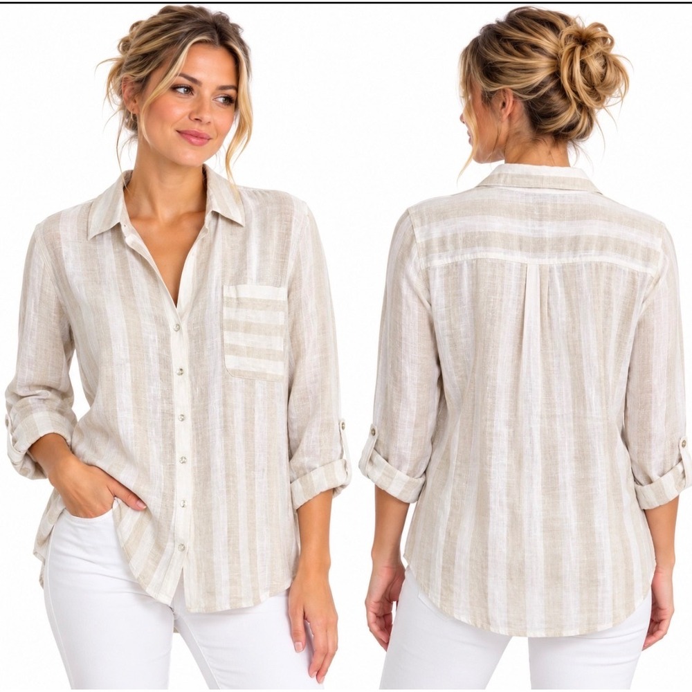 Sigrid Olsen XL 100% Linen Button Front Shirt Beige White Stripe Long Sleeve Top